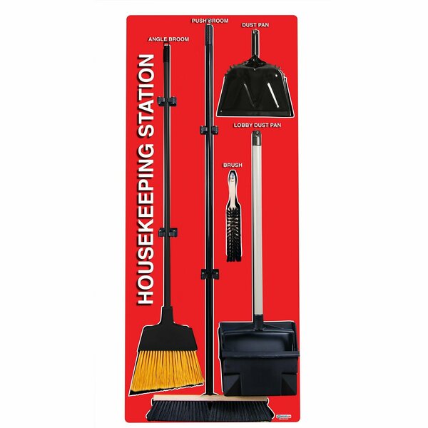 5S Supplies 5S Housekeeping Shadow Board Broom Station Version 1 - Red Board / Black Shadows  With Broom HSB-V1-RED-KIT